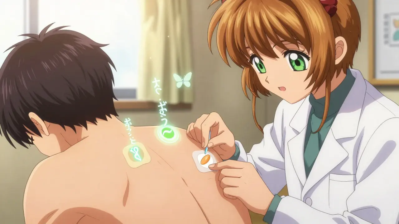 A dermatologist removing patch test stickers that reveal floating allergen symbols above the skin.