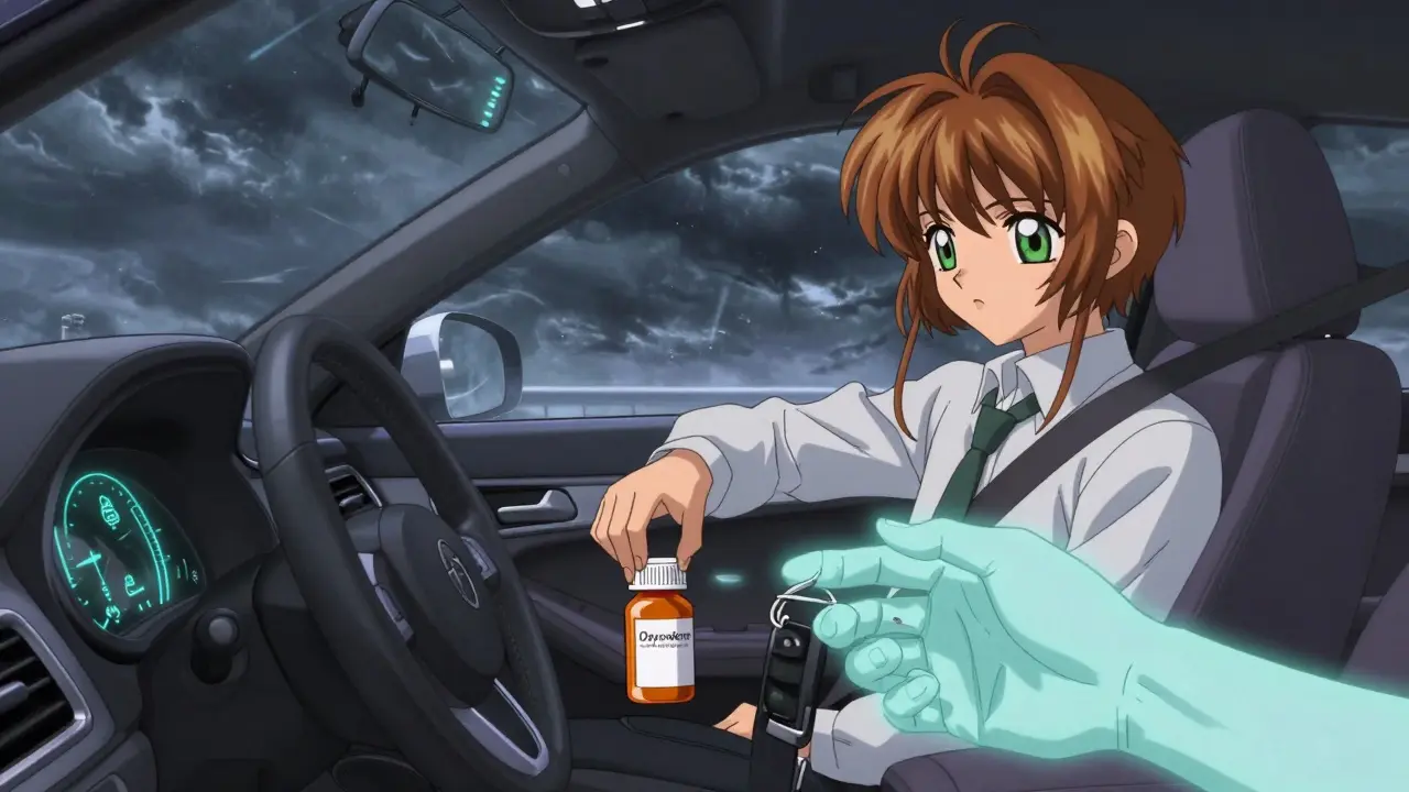 A futuristic car detecting driver impairment through biometric sensors, with a pill bottle nearby and a hand reaching for the keys.
