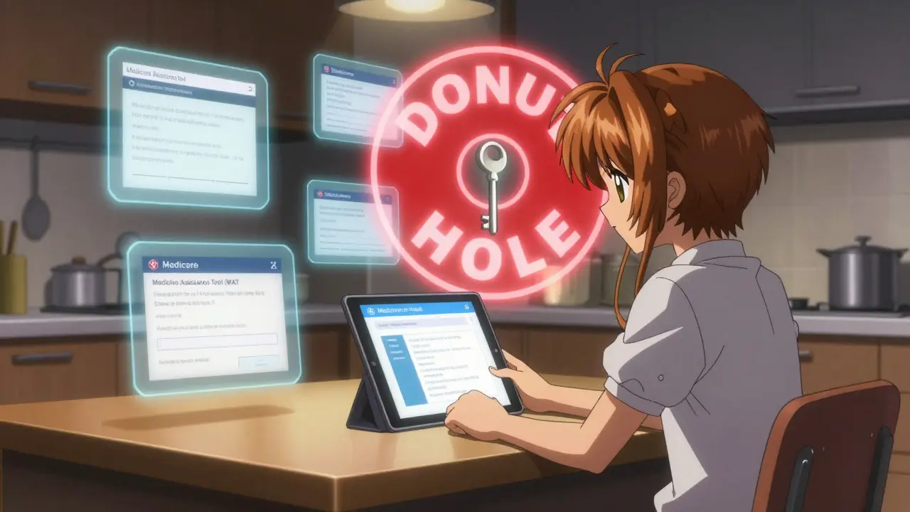 A person at a kitchen table facing a tablet with MAT website, surrounded by floating barriers like a Medicare card and a donut hole symbol.
