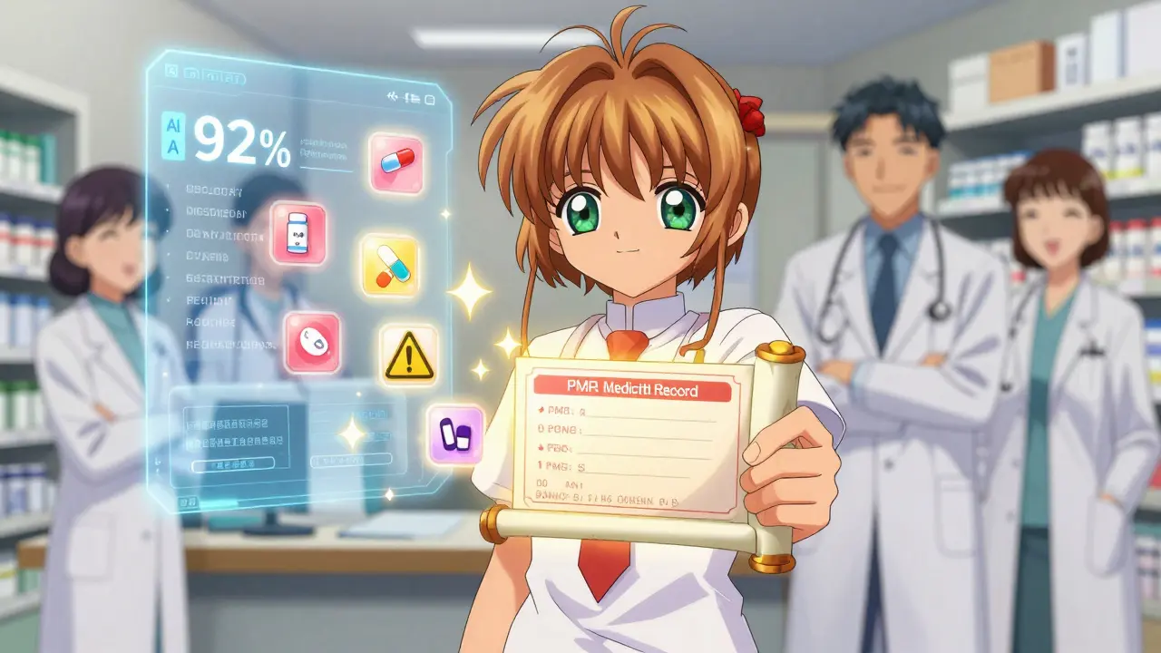 A person holding a magical medication record scroll as a doctor and pharmacist smile, with digital AI analysis glowing in the background.