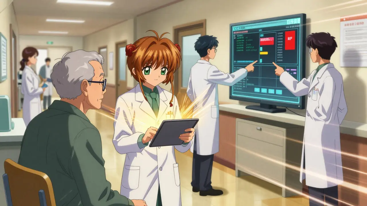 A pharmacist and technicians working together in a hospital, with digital data streams highlighting a dangerous drug interaction.