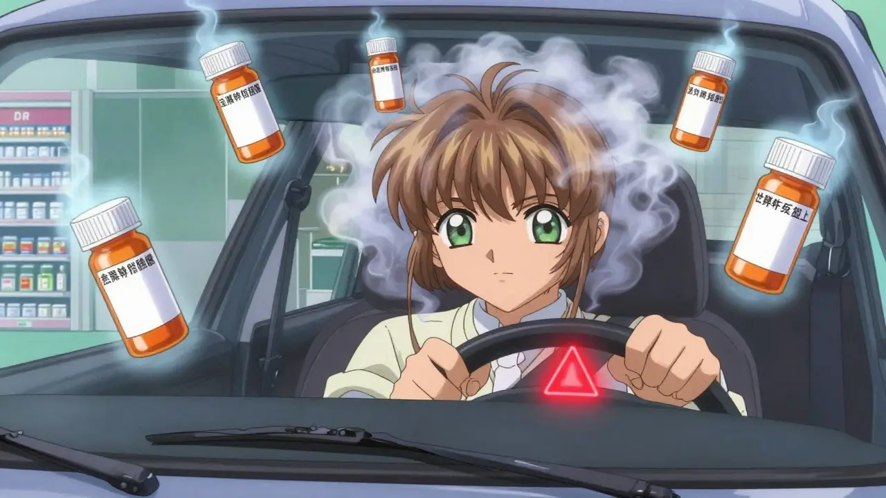 An elderly man surrounded by multiple prescription bottles, their combined effects forming a dangerous fog in his car.