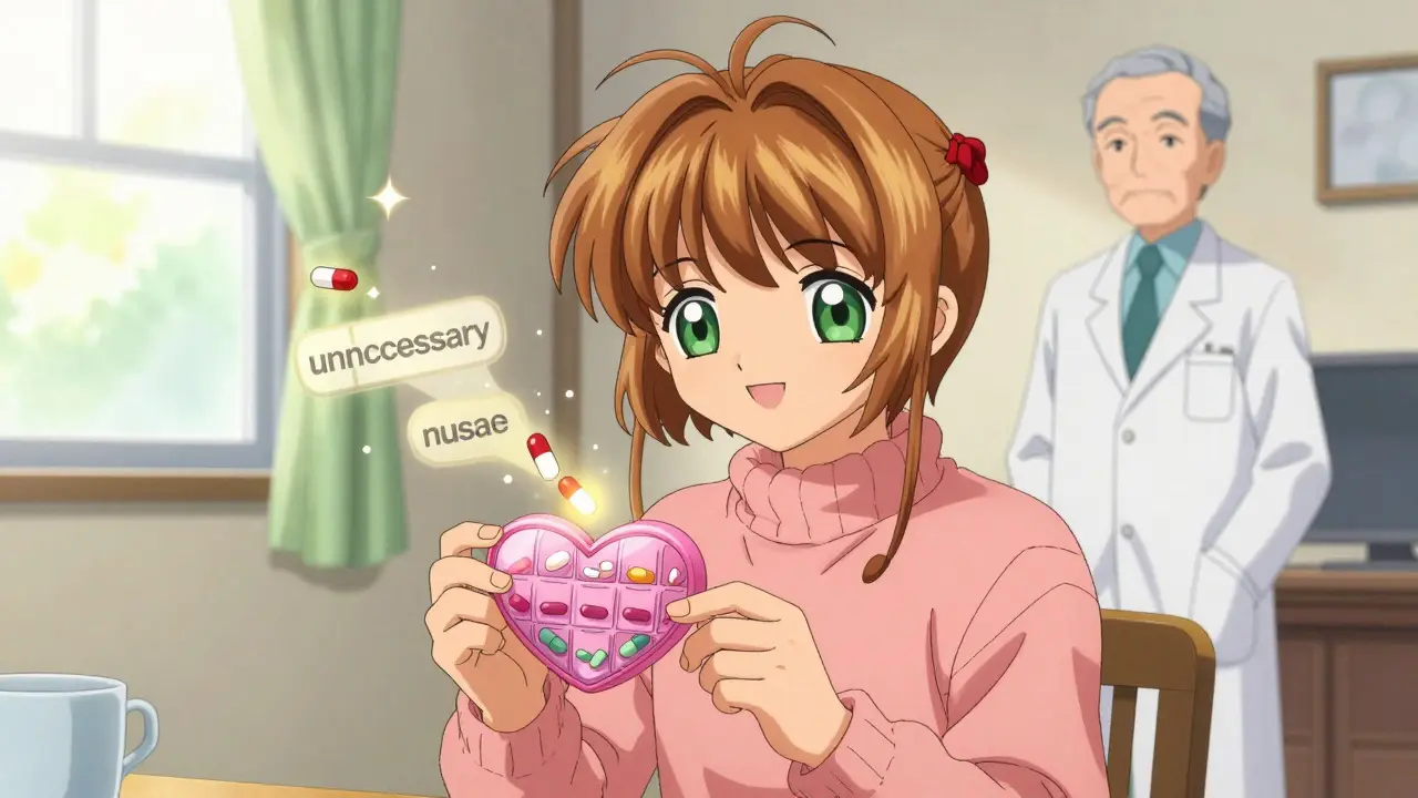 An elderly patient holding a heart-shaped pill organizer as unnecessary medications dissolve into light.