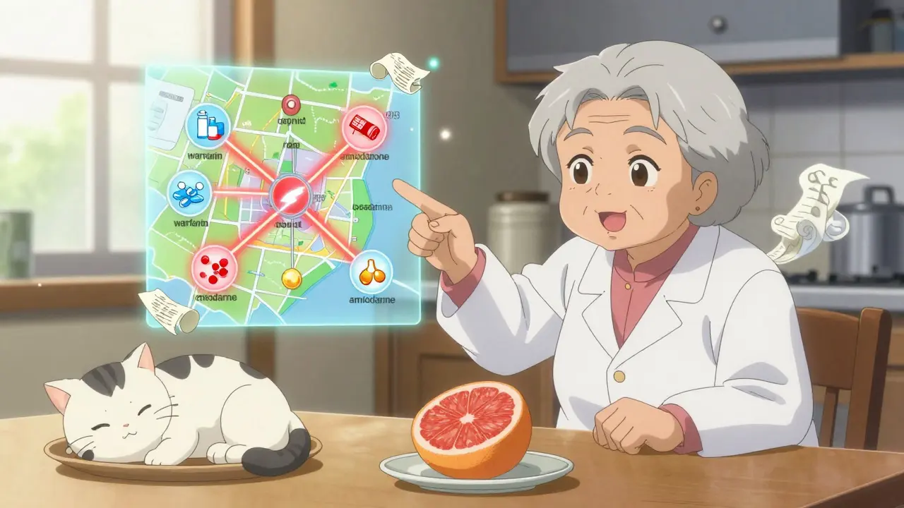 An elderly woman and a paper-scroll pharmacist spirit analyzing dangerous drug interactions at a kitchen table with grapefruit nearby.