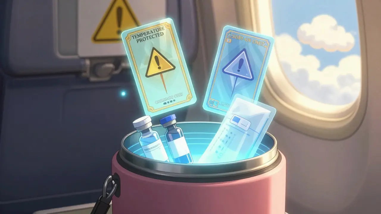 An insulated travel cooler with insulin vials glows softly, protected by magical spell cards labeled for safety.