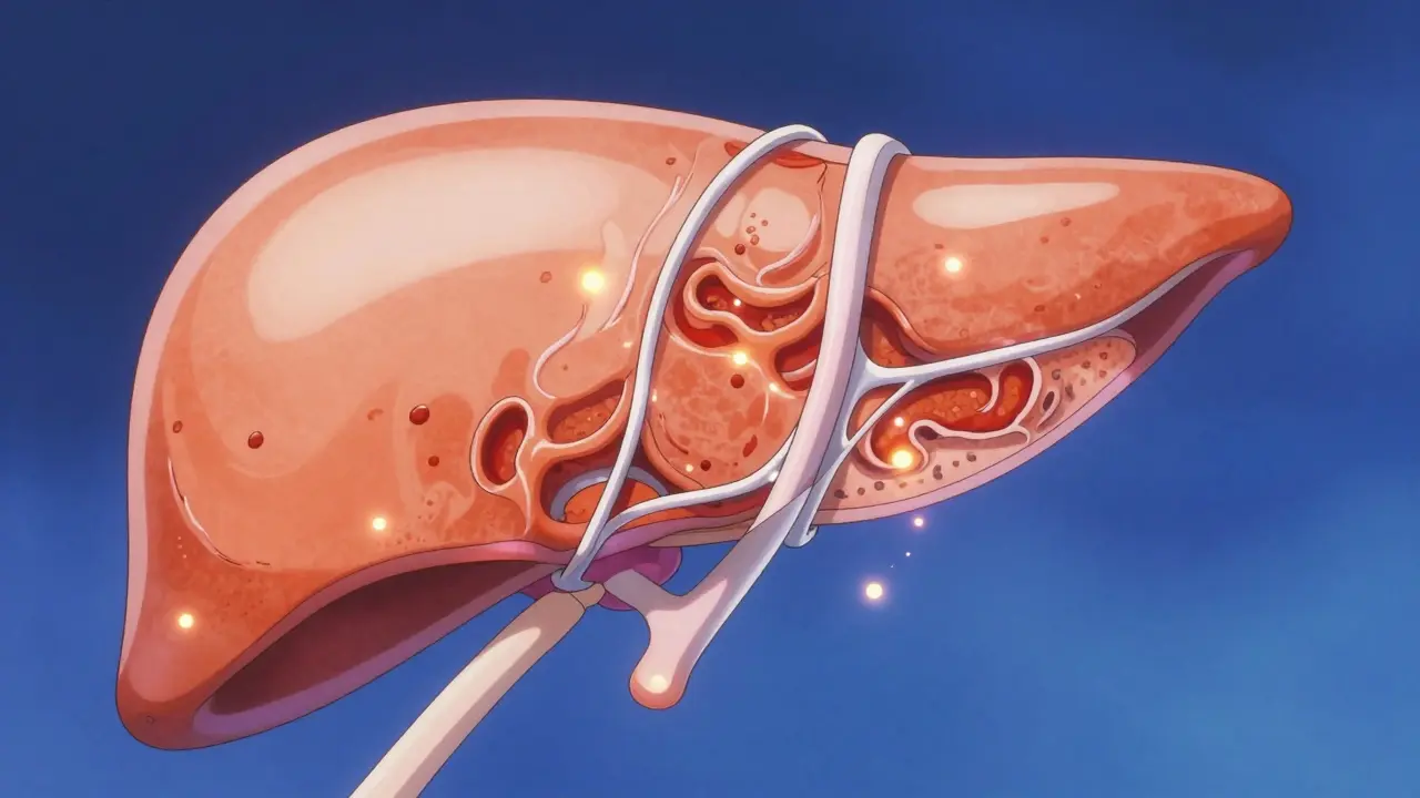Animated liver tissue with visible scar tissue webs forming