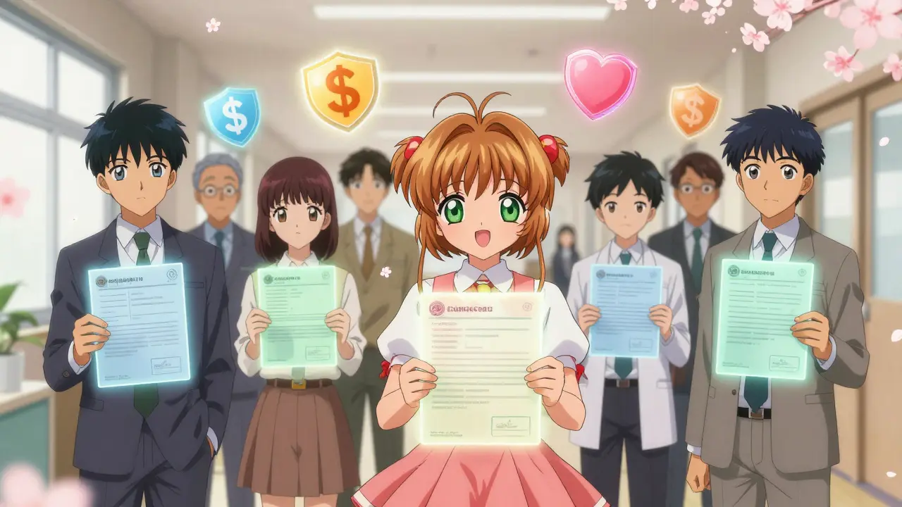 Diverse individuals in a clinic holding glowing applications, with heart-shaped shields and cherry blossoms symbolizing relief and hope.