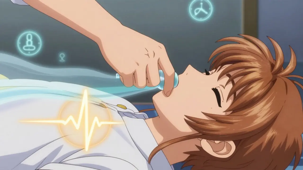 Hands performing rescue breathing with a visible stream of oxygen flowing into the lungs.