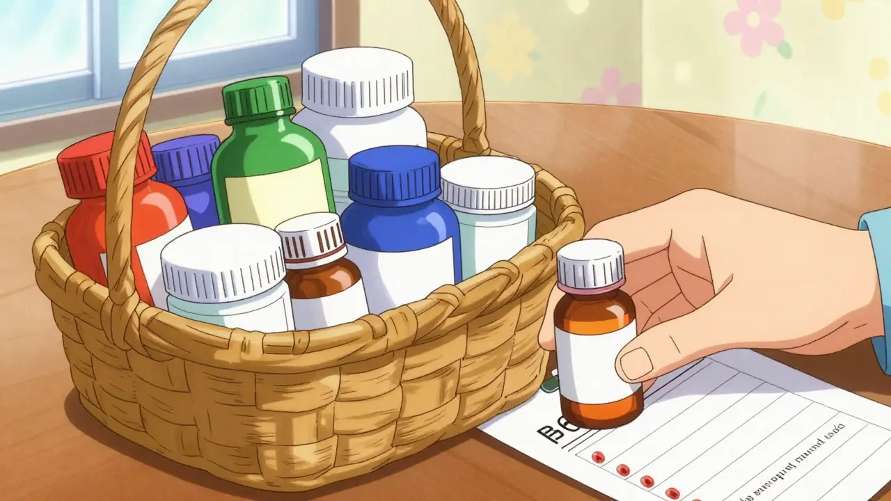 Medicine bottles arranged neatly in a wicker basket.