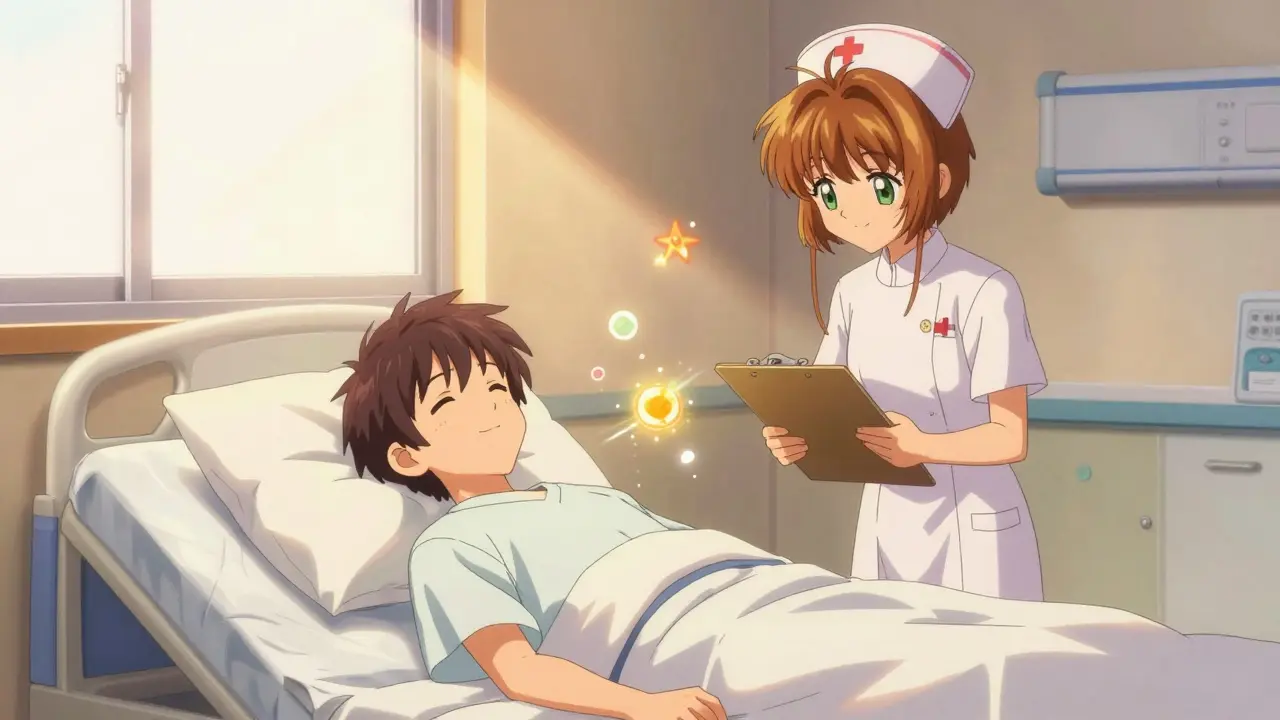 Patient resting in sunlit hospital room with a nurse standing nearby offering support.