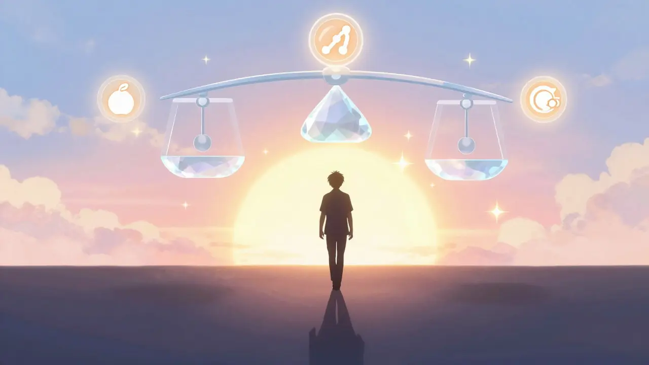 Patient walking toward light with floating health symbols