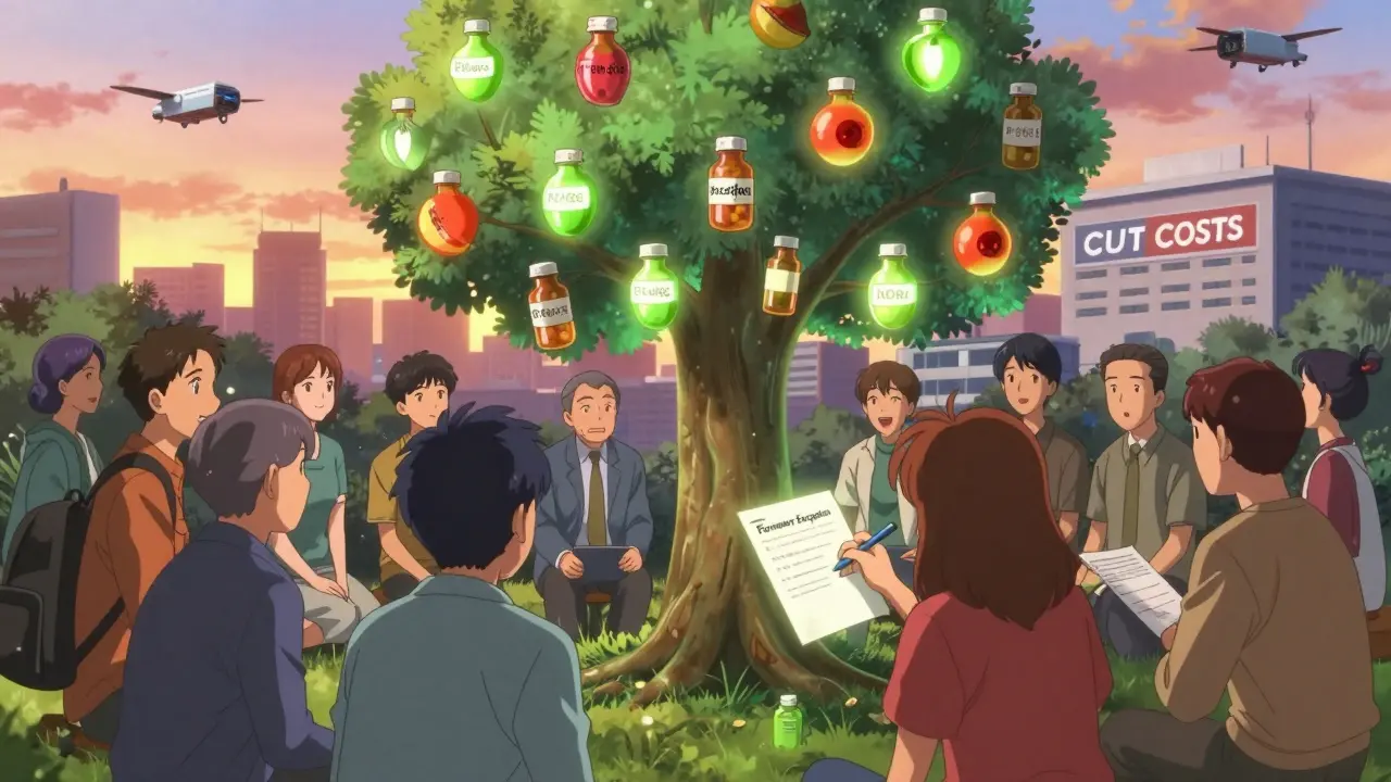 Patients gathered around a prescription tree, some pills glowing green, one person receiving approval for an exception.
