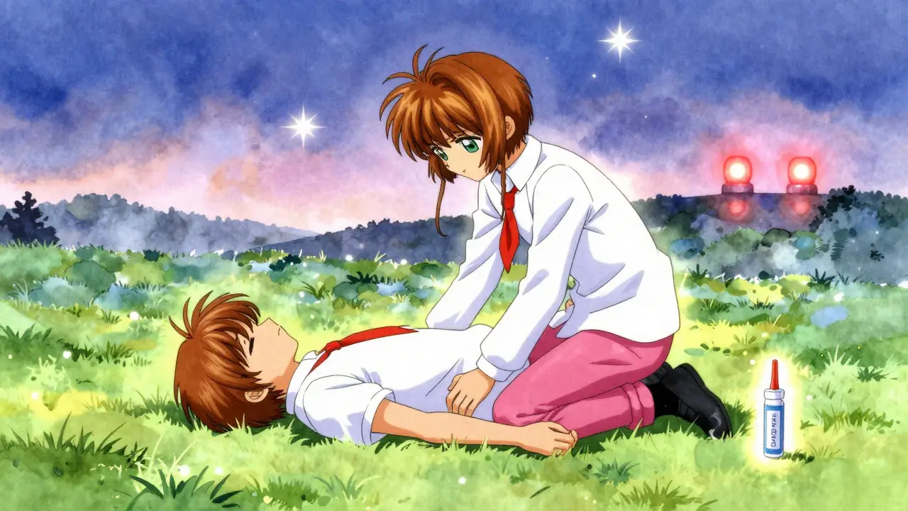 Someone gently placing a person in the recovery position as a protective aura glows around them.