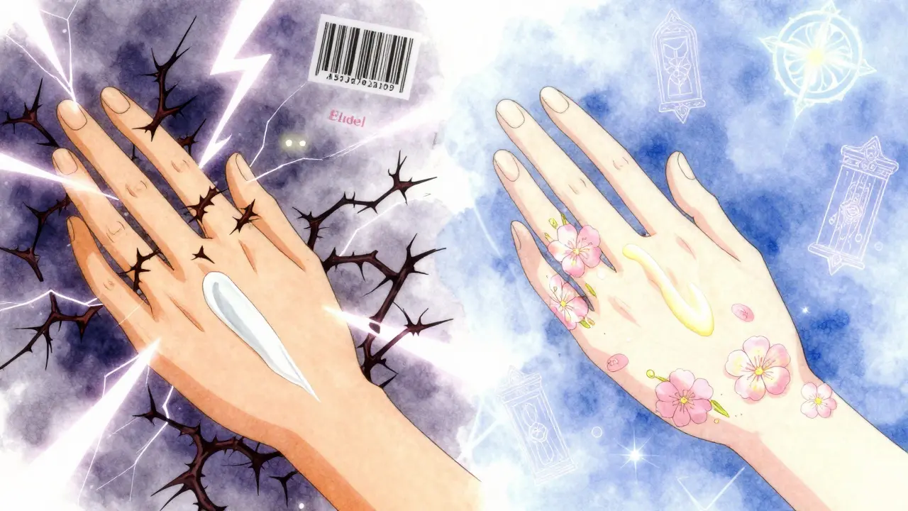 Split scene: one hand reacts with thorns to a cream, the other heals with blooming flowers under a gentle ointment.