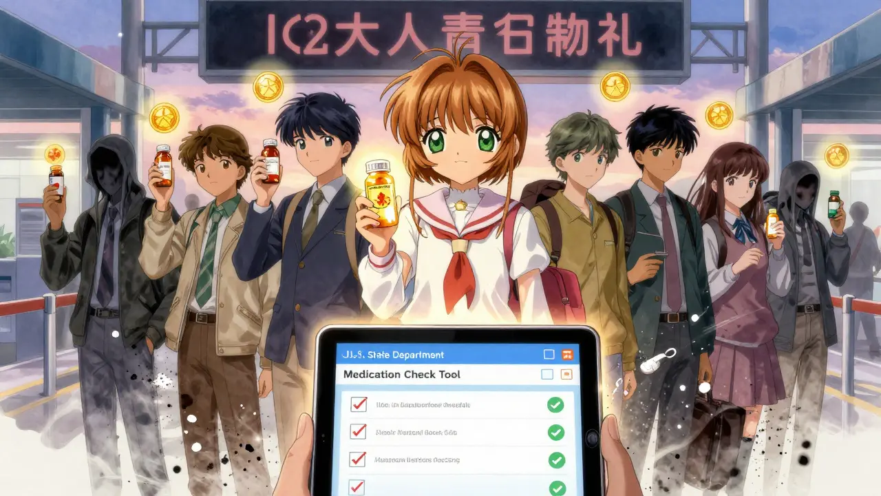 Travelers at customs receive glowing approval seals above their medication bottles while banned drugs dissolve into dust.