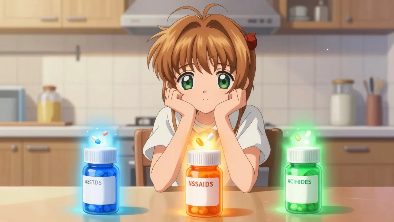 Young woman examining medicine bottles emitting colored auras in a bright anime room.