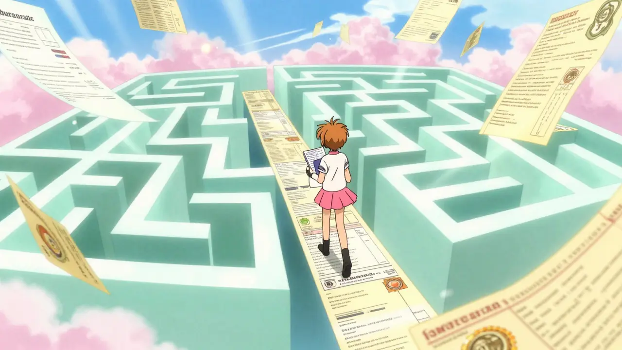 A character navigating through floating giant forms and documents in a dreamy pastel void.