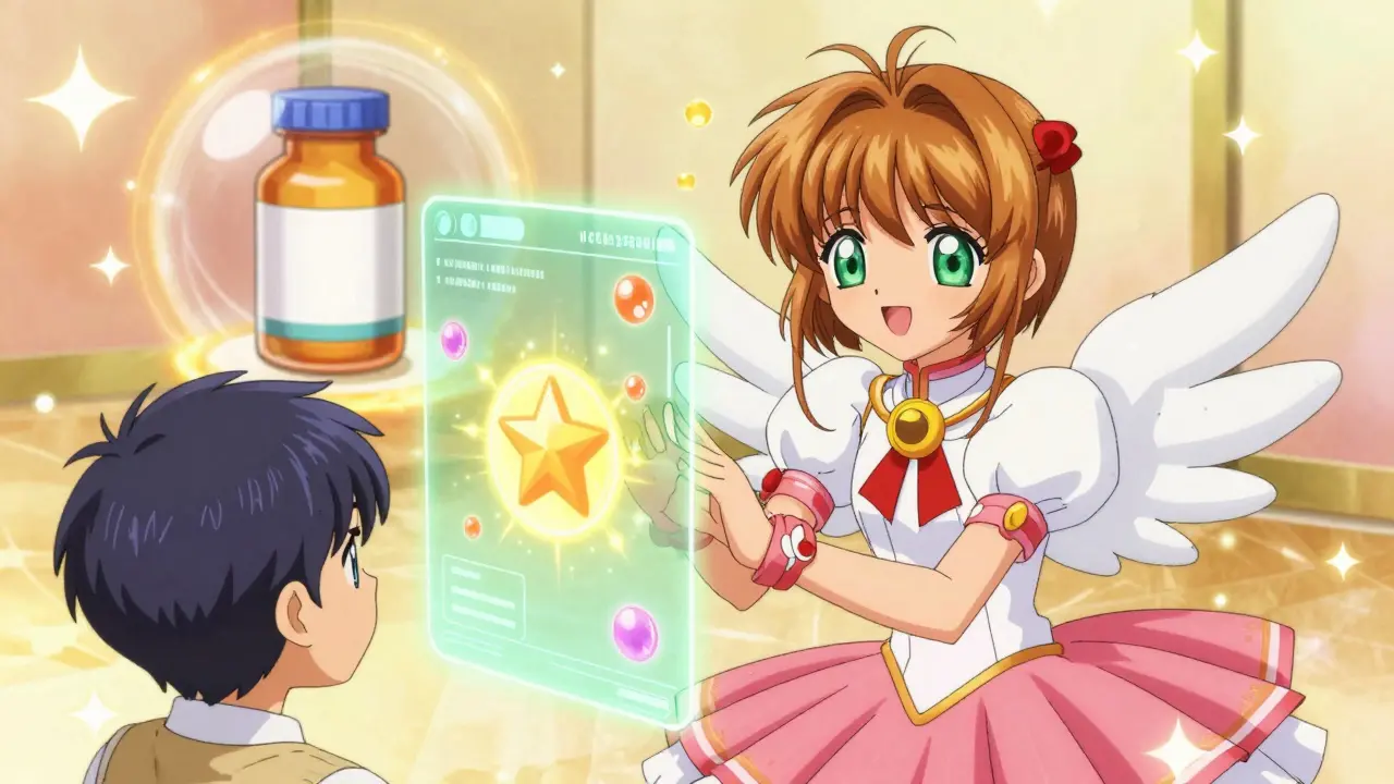 A helpful guide assisting a patient with a glowing, magical medication bottle in anime style.