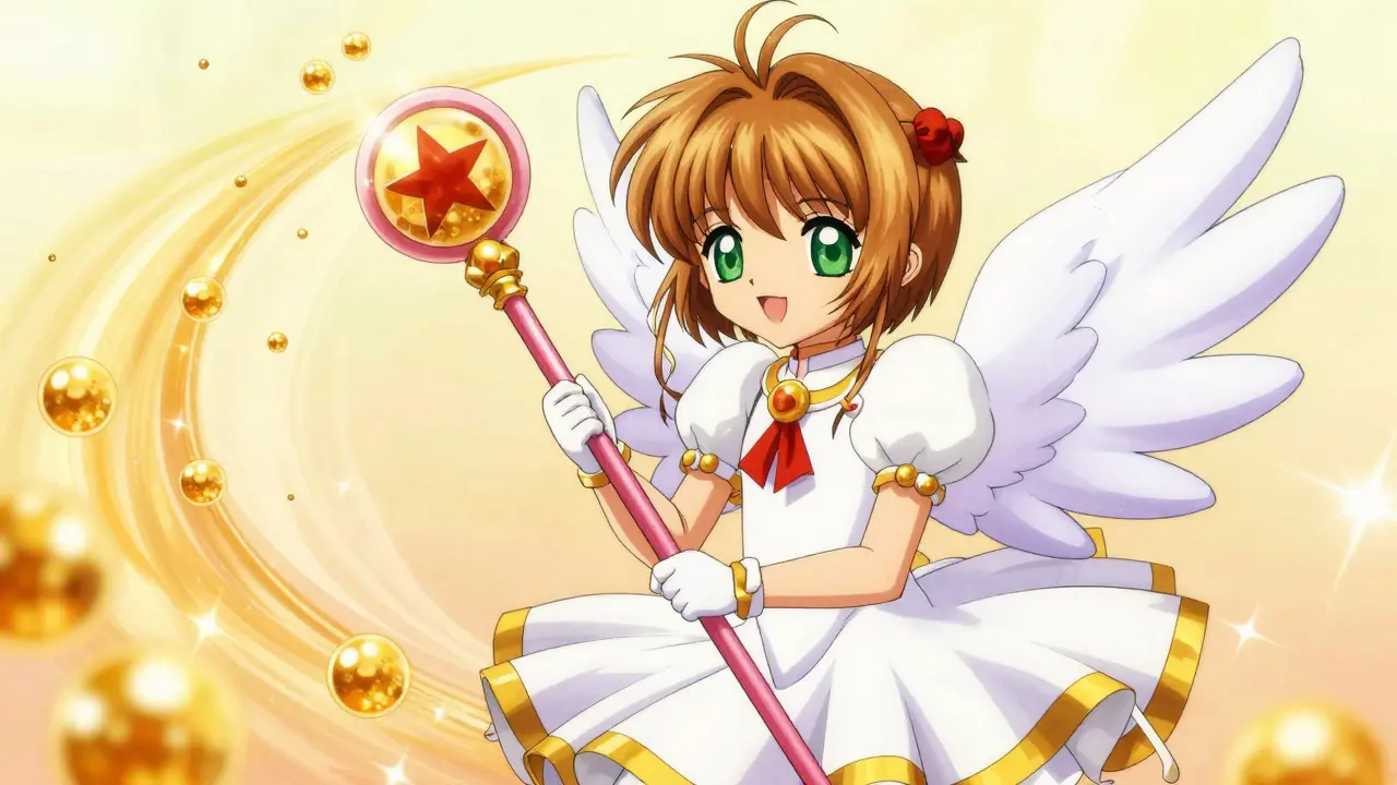 A magical guardian spirit cleaning away glowing golden medicine spheres in a whimsical style.