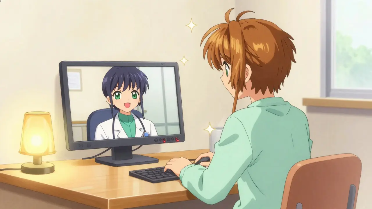 A patient having a friendly virtual telehealth appointment on a computer screen