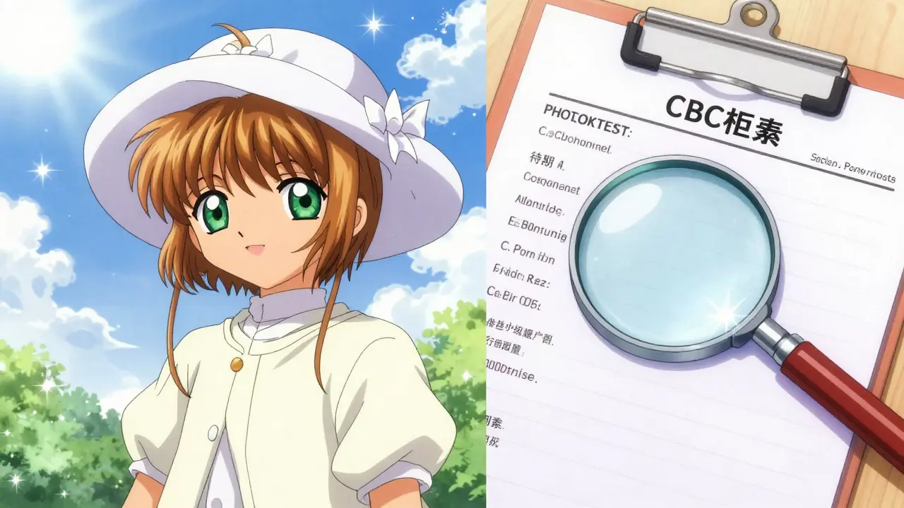 A person wearing a sun hat for protection next to a medical report with a magnifying glass.