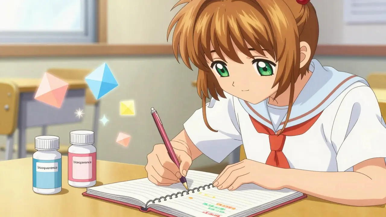 Anime character documenting medication changes in a logbook with magical sparkles.