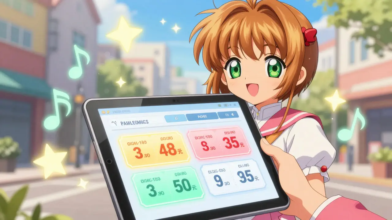 Anime character happily looking at medication discount coupons on a digital tablet