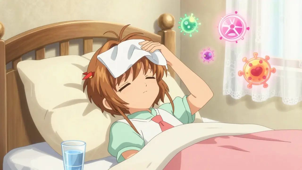 Anime character resting in a sunlit bedroom with magical symbols representing an active immune system.