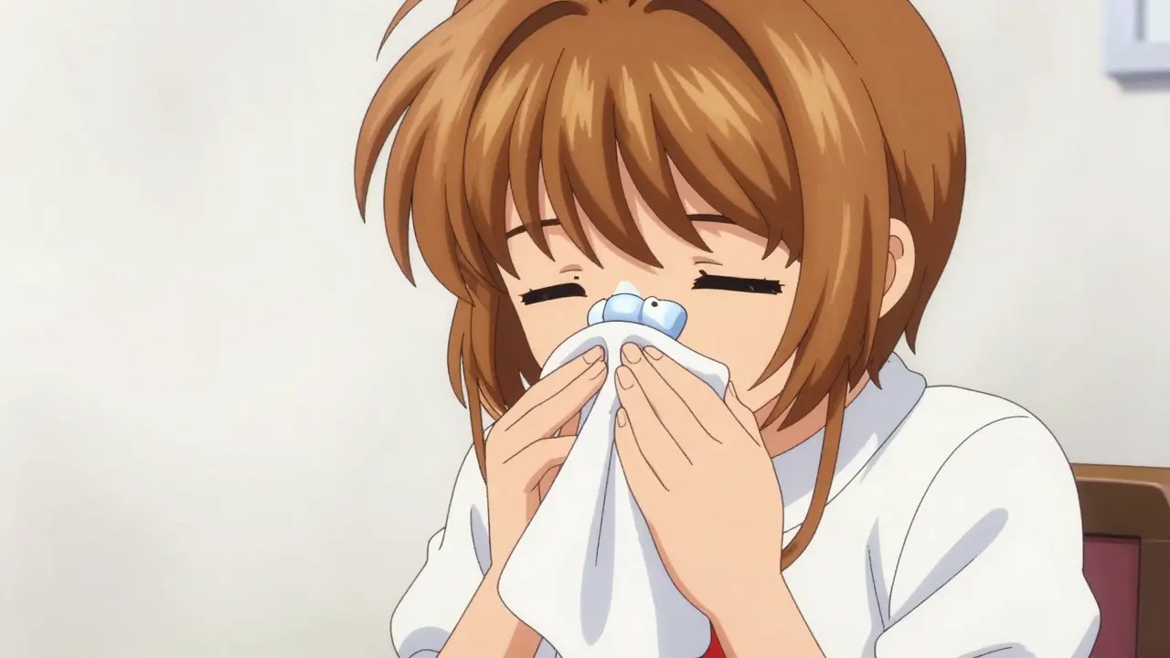 Anime character sitting upright and pinching their nose with a towel to stop a bleed.