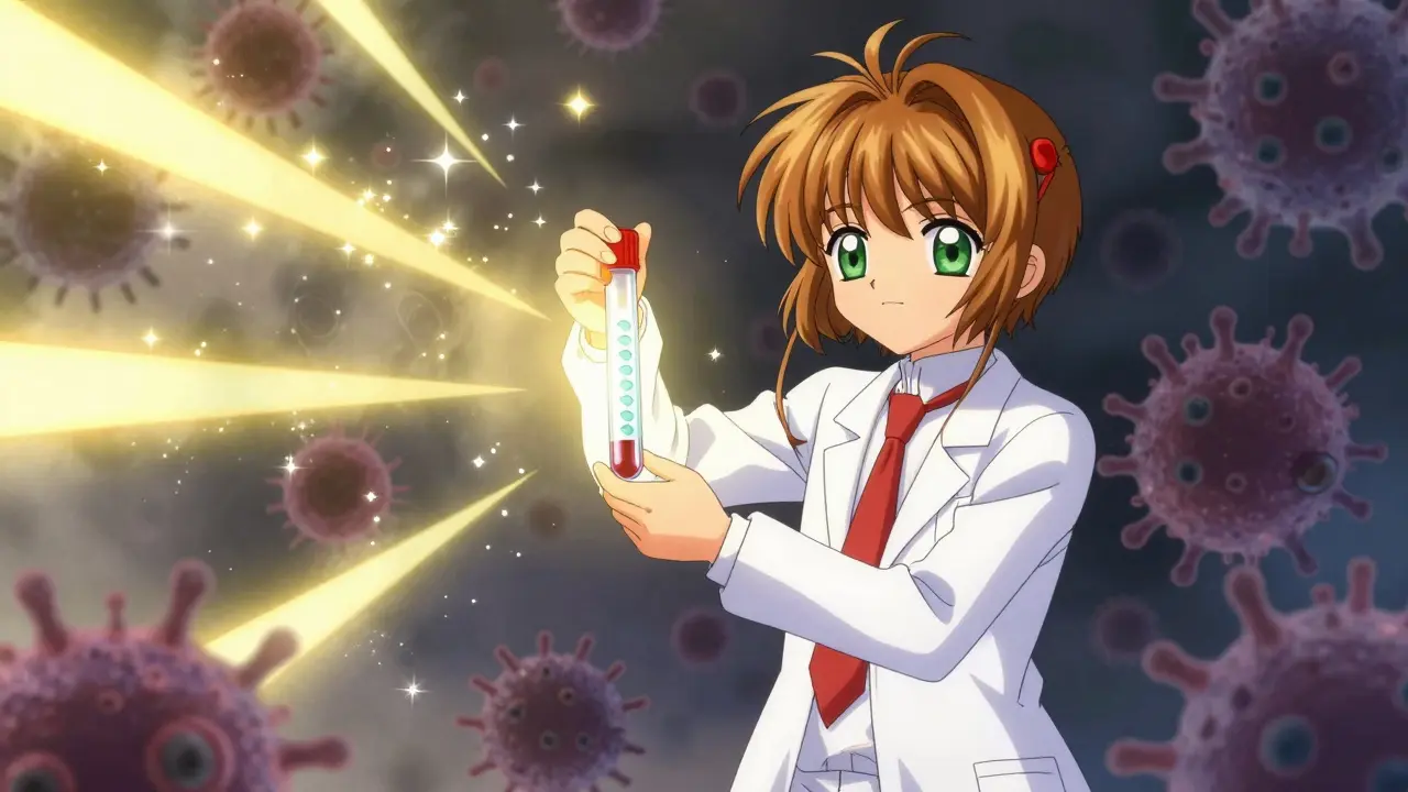 Anime doctor using a glowing test tube to defeat shadowy resistant bacteria with golden light.