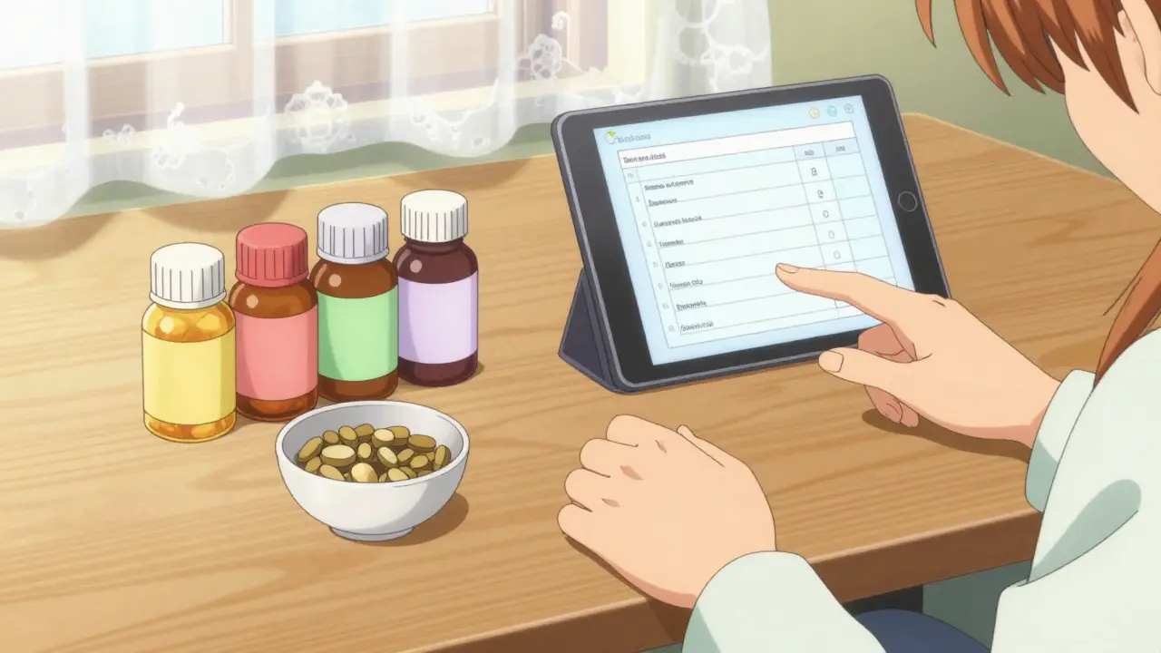 Anime style scene of medication bottles and a digital list on a wooden table