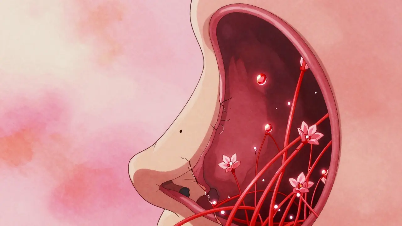 Conceptual anime illustration of fragile blood vessels looking like glowing red crystals.