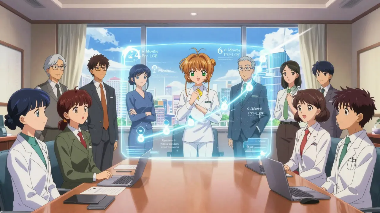 Healthcare professionals reviewing a holographic planning timeline in a bright anime office.