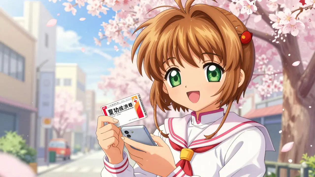 Joyful person holding a pharmacy package and a phone coupon under cherry blossoms