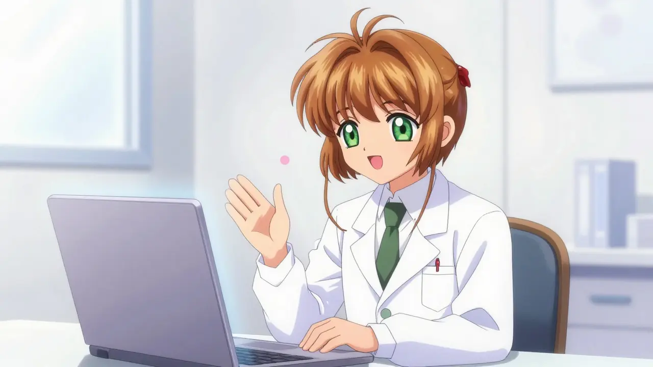 Kind anime doctor providing a medical consultation via a screen in a soft, glowing style