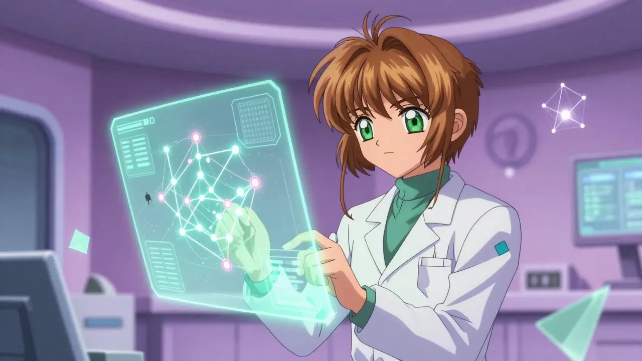 Medical professional using a holographic supply chain map in anime style