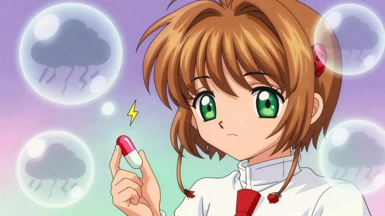 Person feeling anxious about a generic pill with symbolic storm clouds above