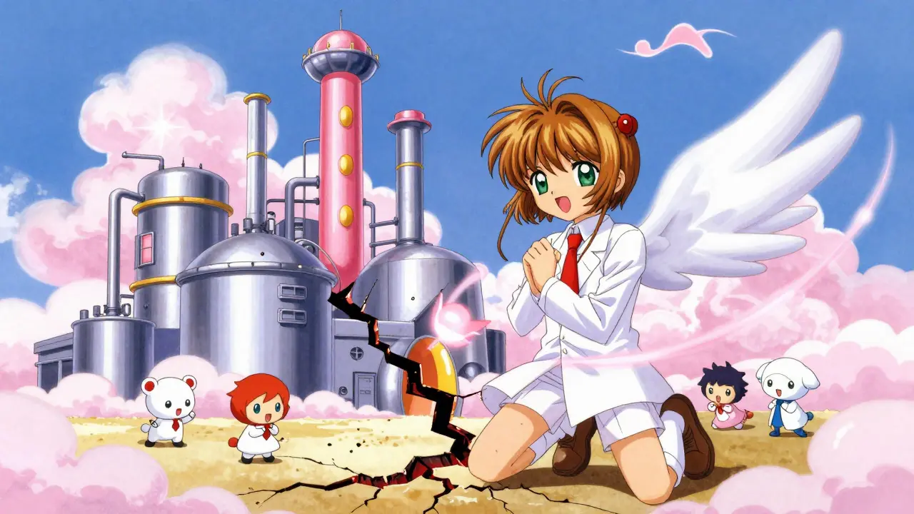 Stylized anime factory experiencing a supply shock with magical energy