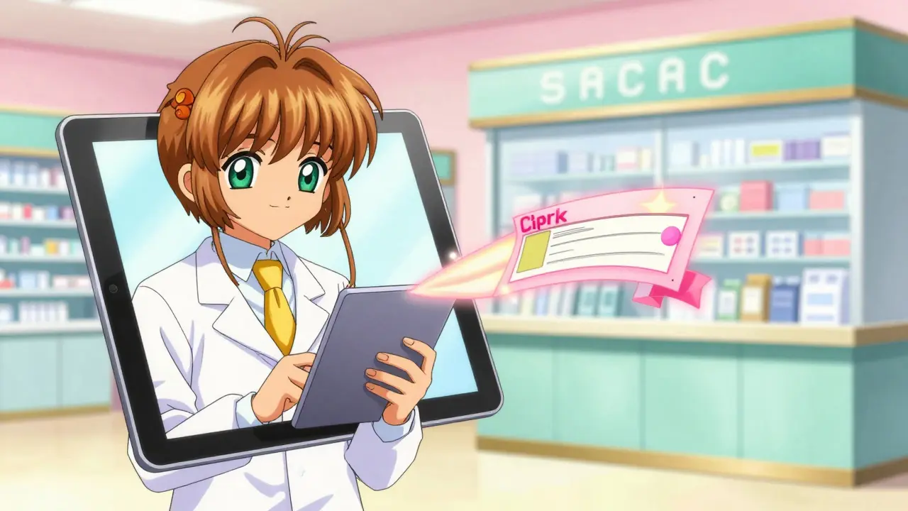 Telehealth consultation with a doctor and a digital prescription flowing to a pharmacy