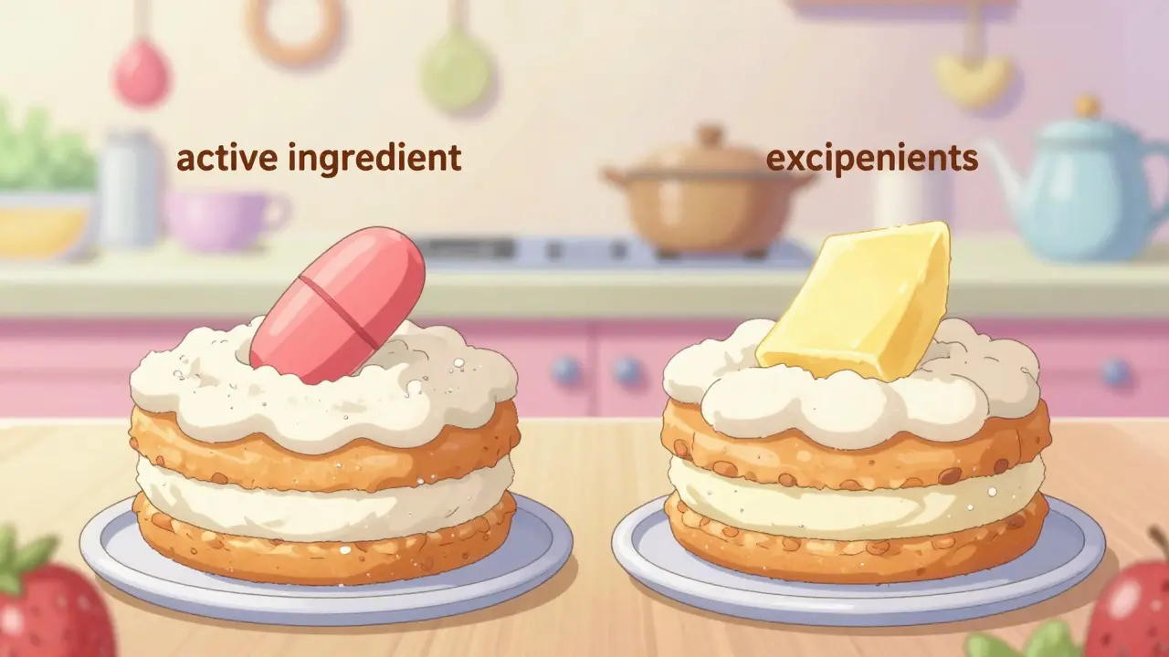 Two cakes representing brand and generic drugs with different filler ingredients