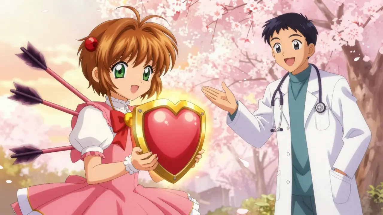 Anime character holding golden heart shield against dark shadows
