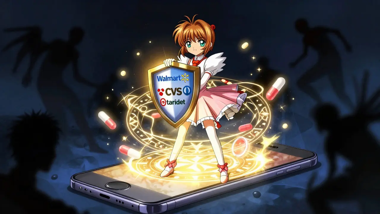 Anime character using a magical shield to block online scam threats.