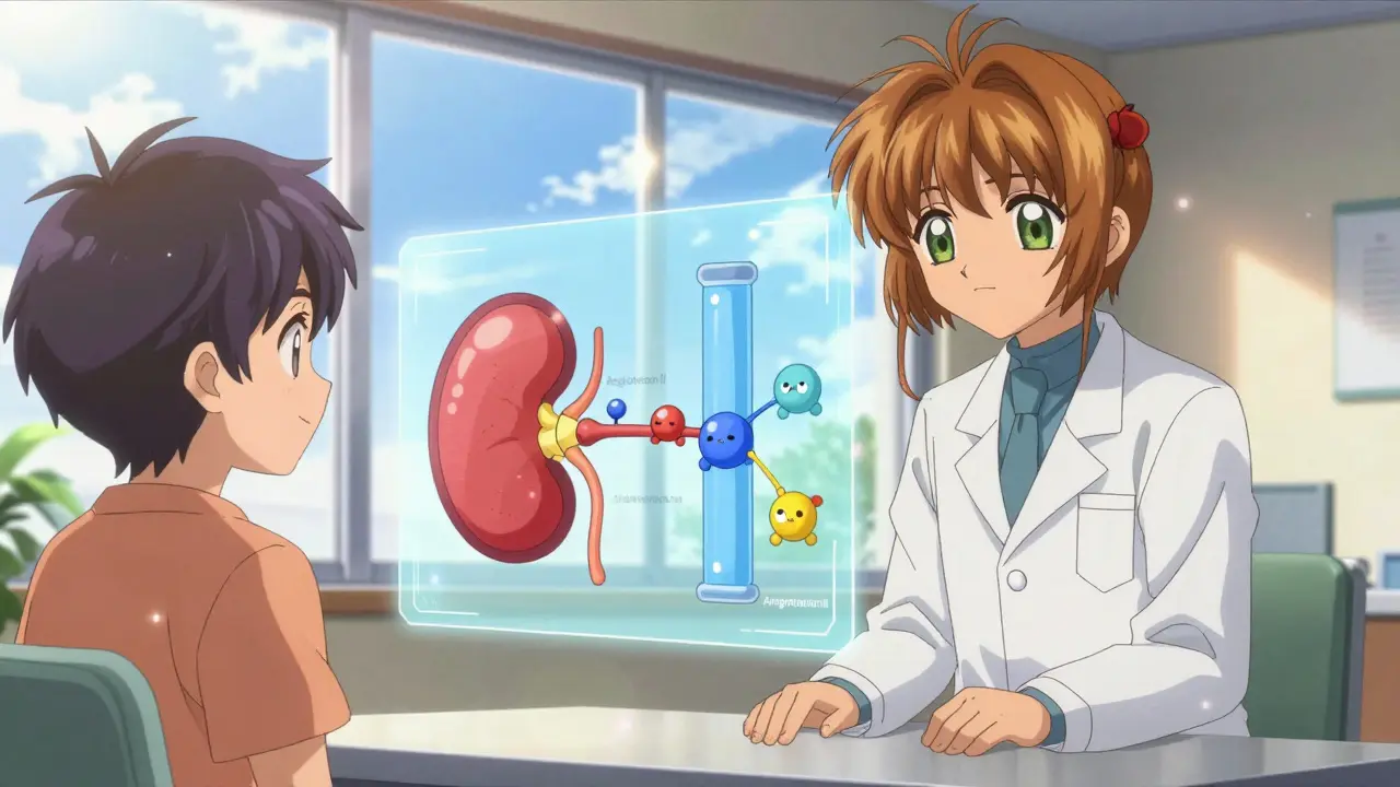 Anime doctor explaining kidney protection mechanisms to a patient with a glowing holographic diagram.