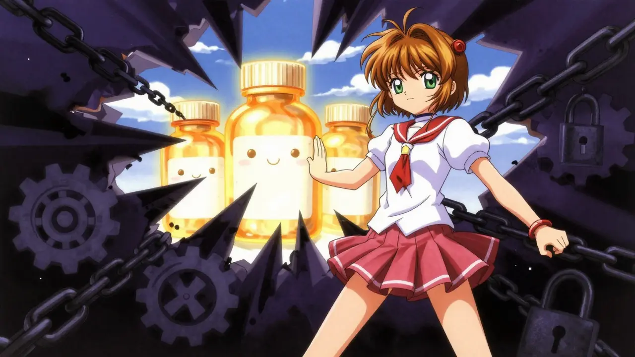 Anime girl breaking chains to protect generic drugs