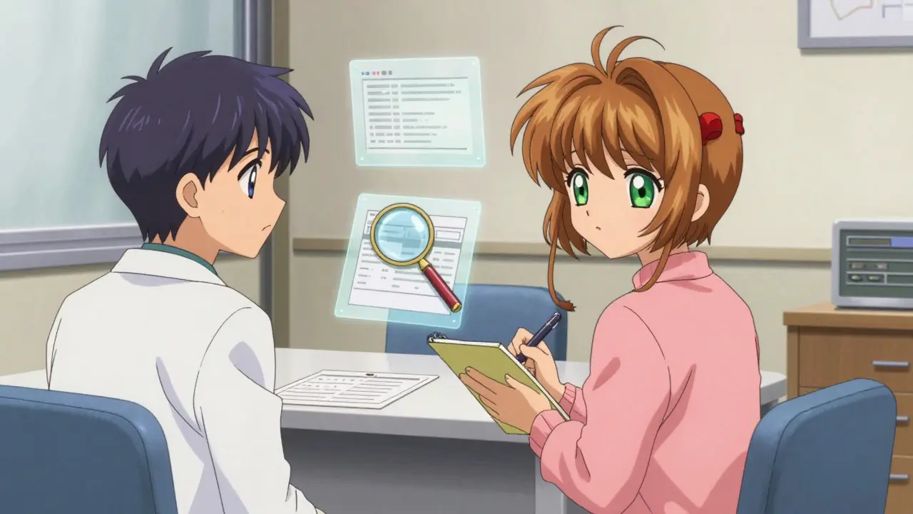 Anime patient discussing side effects with a doctor in a softly lit office.