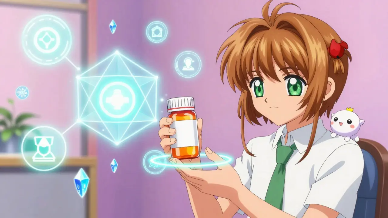 Anime patient holding a pill bottle protected by a magical safety barrier and tech symbols.
