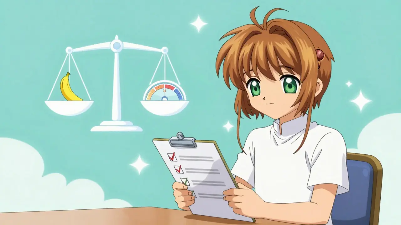 Anime patient monitoring kidney health with magical symbols for stable potassium and GFR levels.