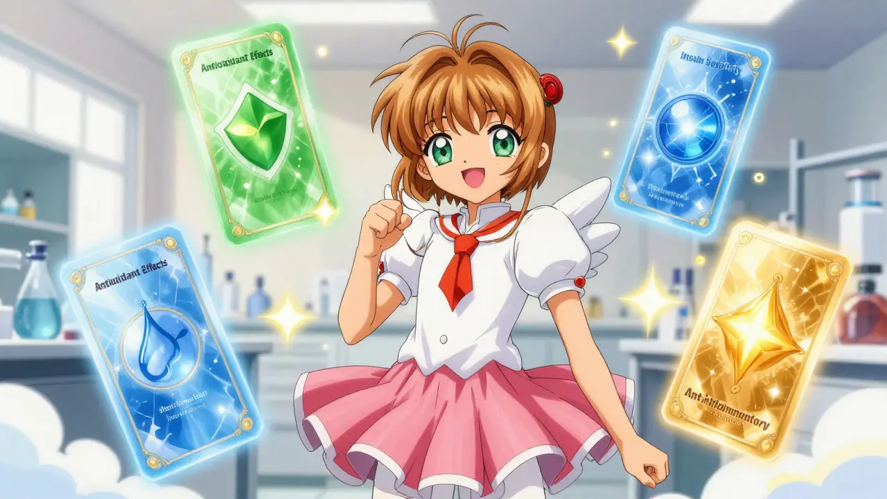 Cheerful anime character surrounded by glowing health magic cards