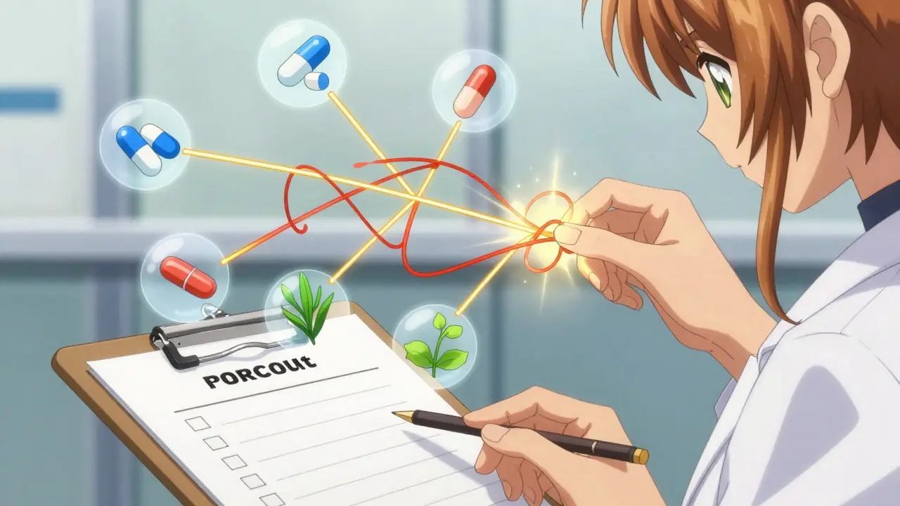 Conceptual view of medication interactions being untangled by magic.