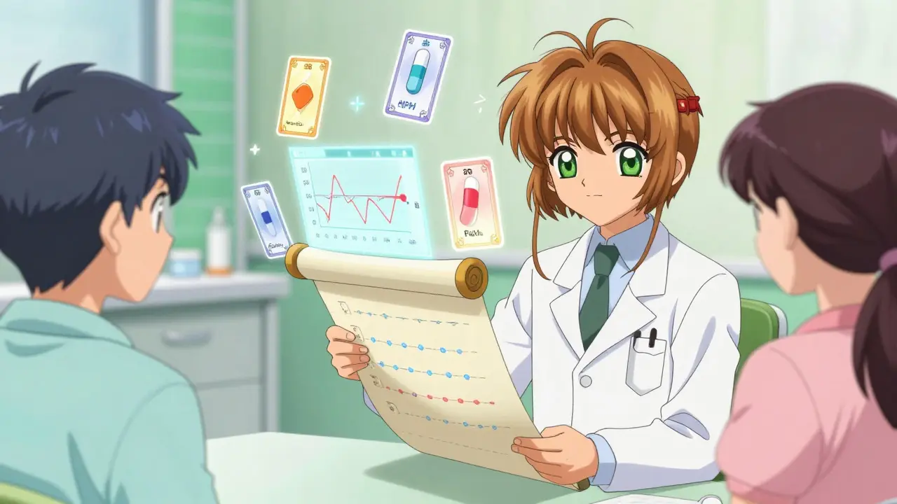 Doctor explaining insulin adjustments with magical floating charts in anime style